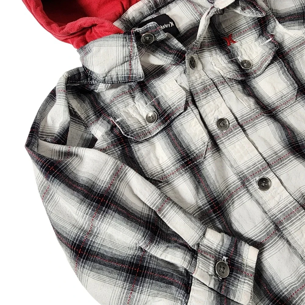 Hurley Plaid Flannel Shirt‎ with Red Hood Long Sleeve Button Up Baby 18M